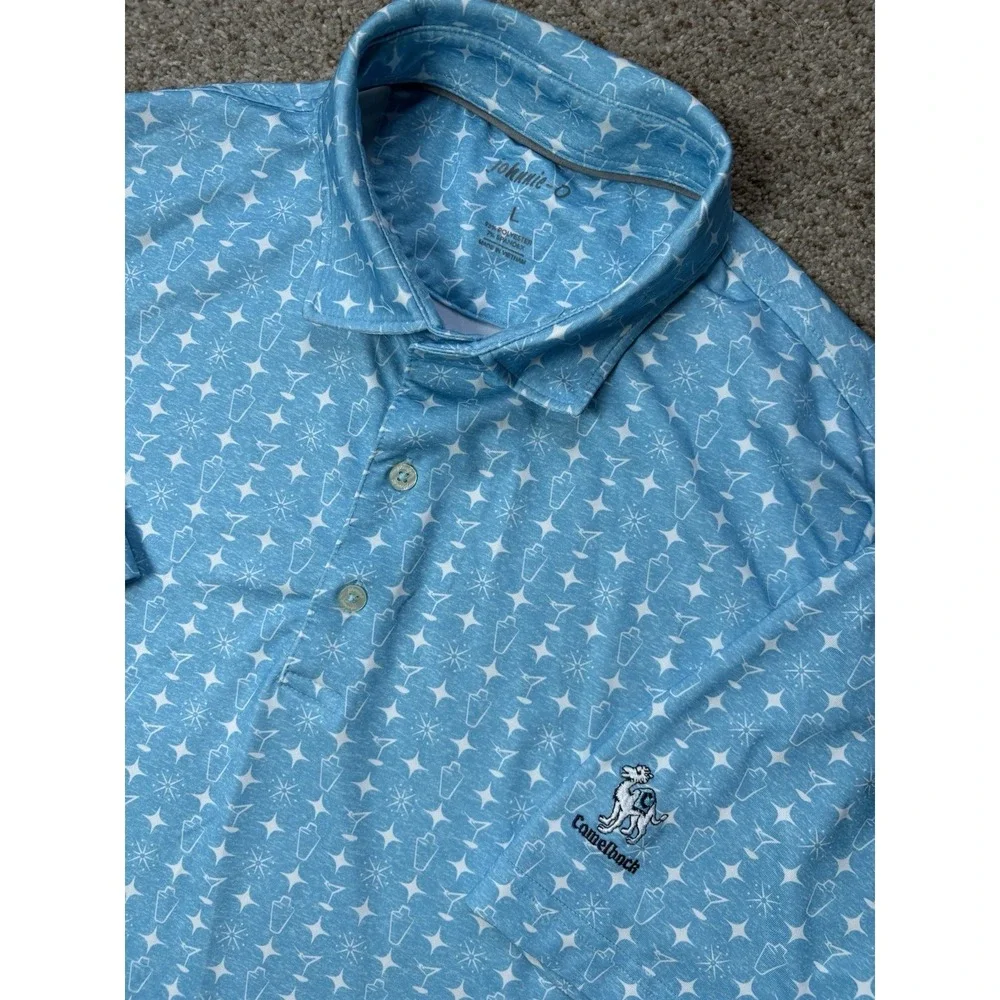 Johnnie‎ O Polo Shirt Mens L Golf Ibiza Blue Martini Shaker Performance Preppy